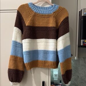 Brown and Blue Crew Neck Sweater with Chunky Knit